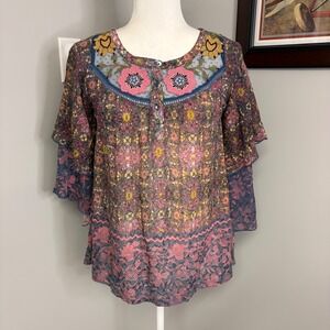 Anthropologie Postmark Floral Embroidered Mesh Yoke Blouse Multicolor XS